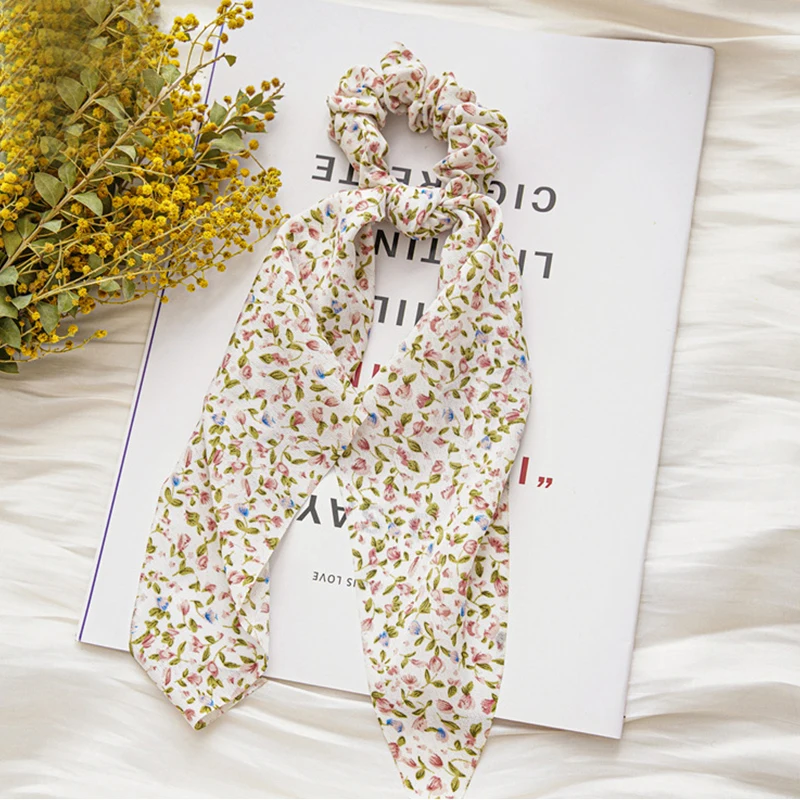 

Bohemian Floral Print Hair Scrunchies Long Ribbon Elastic Hair Bands Hair Accessories Ponytail Hair Scarf Knotted Bow Hair Ring