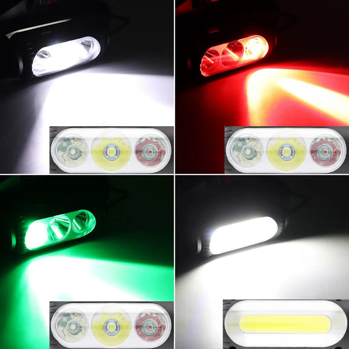 

20W 2000 Lumens Rechargeable USB Headlamp COB LED + T6 White + Green + Red Light Focusing Headlight for Hunting / Patrolling