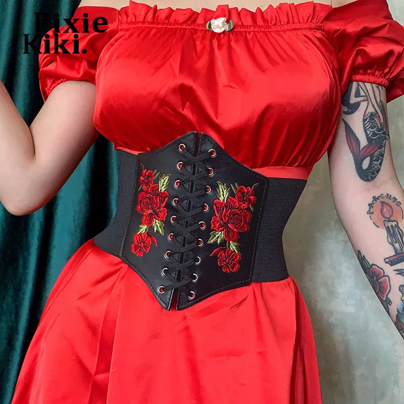 Черные корсеты PixieKiki с вышивкой в виде роз для женщин винтажные модели широкие