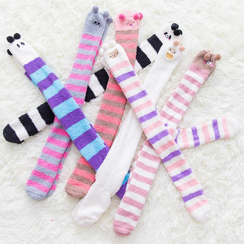 

LKWDer Girls Women Cute Bows Animals Modeling Stockings Striped Cute Cozy Long Thigh High Socks Soft Coral Fleece Knee Socks