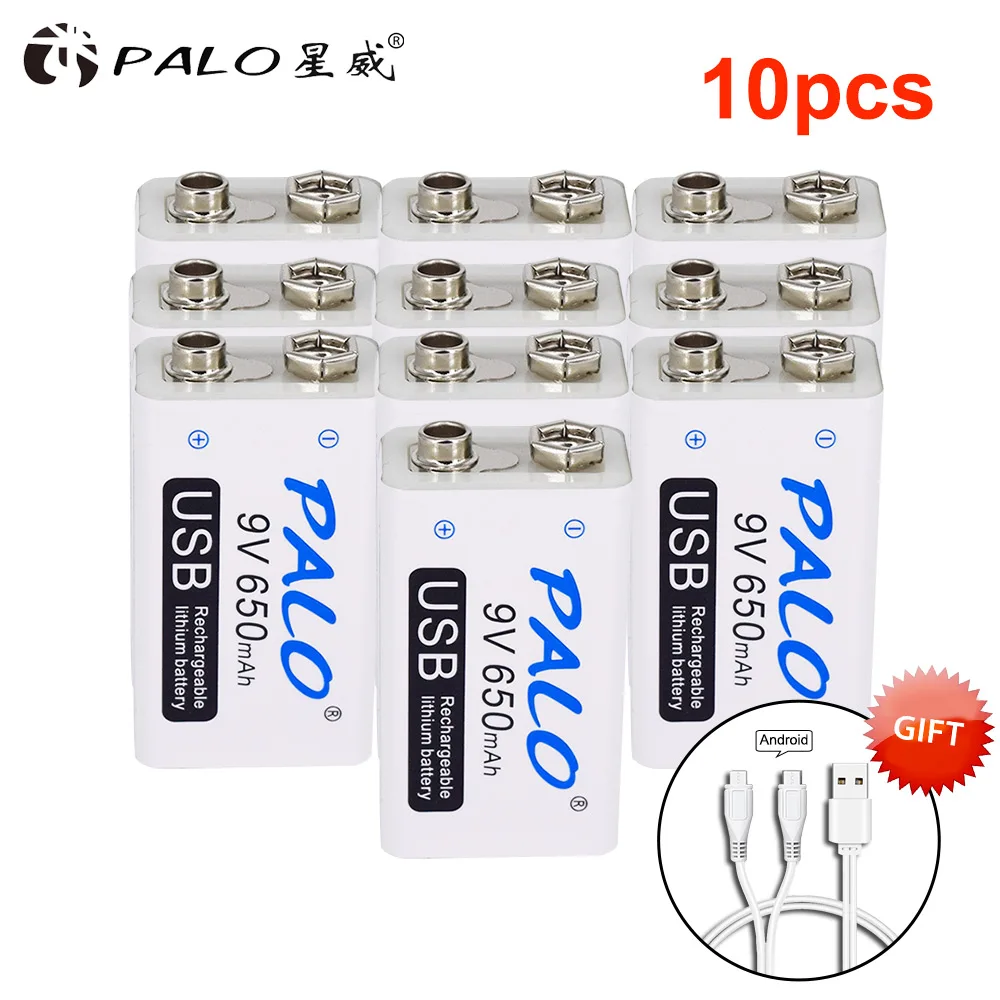 10 pcs PALO 9V USB литиевая батарея 650mAh 6F22 6LR61 литий-ионная аккумуляторная батарея для игрушек массажеры мультиметры гитара с USB кабелем - Цвет: 10 pcs