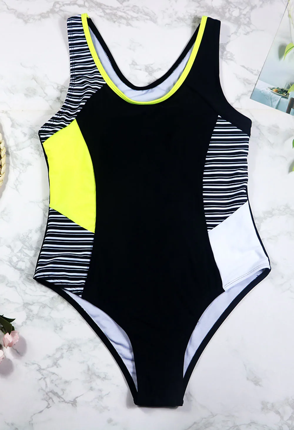 Черный желтый лоскутный цельный женский спортивный купальные Костюм купальник