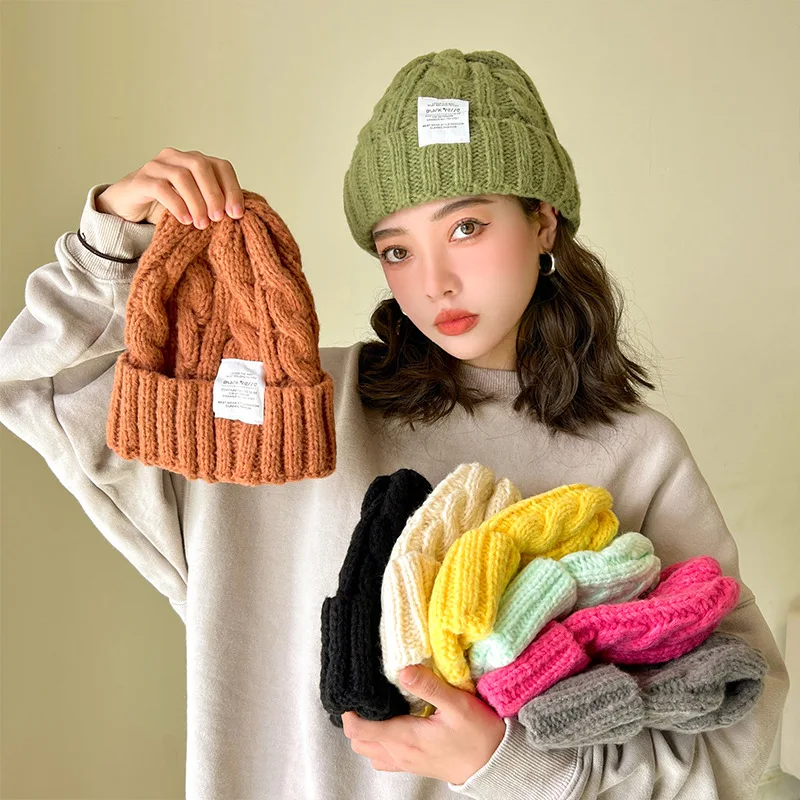 

Women Hat 2021 New Solid Twist Knitted Hat Female Korean Warm Earflaps Fall Wool Hat Women Winter Hats Skullies Beanies Gorros