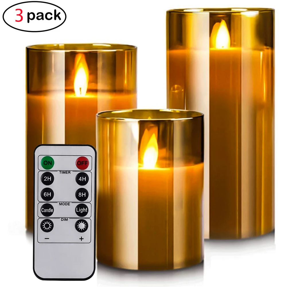 

3pcs LED Flameless Candles, Battery Powered Flickering Candles Led Tea Lights Glass Flame Effect Electric Candle Remote Timer