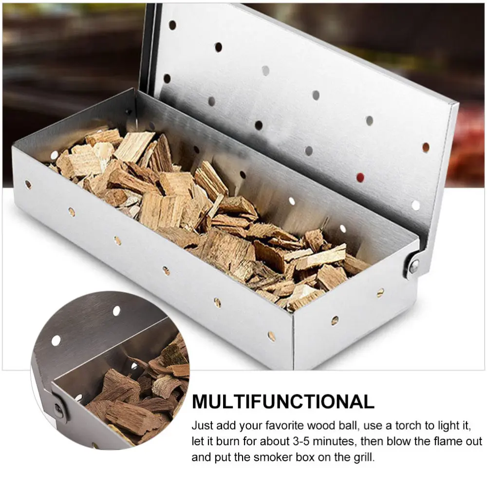 

2pcs Stainless Steel Barbecue Smoker Food Wood Chips Charcoal Box (Silver)