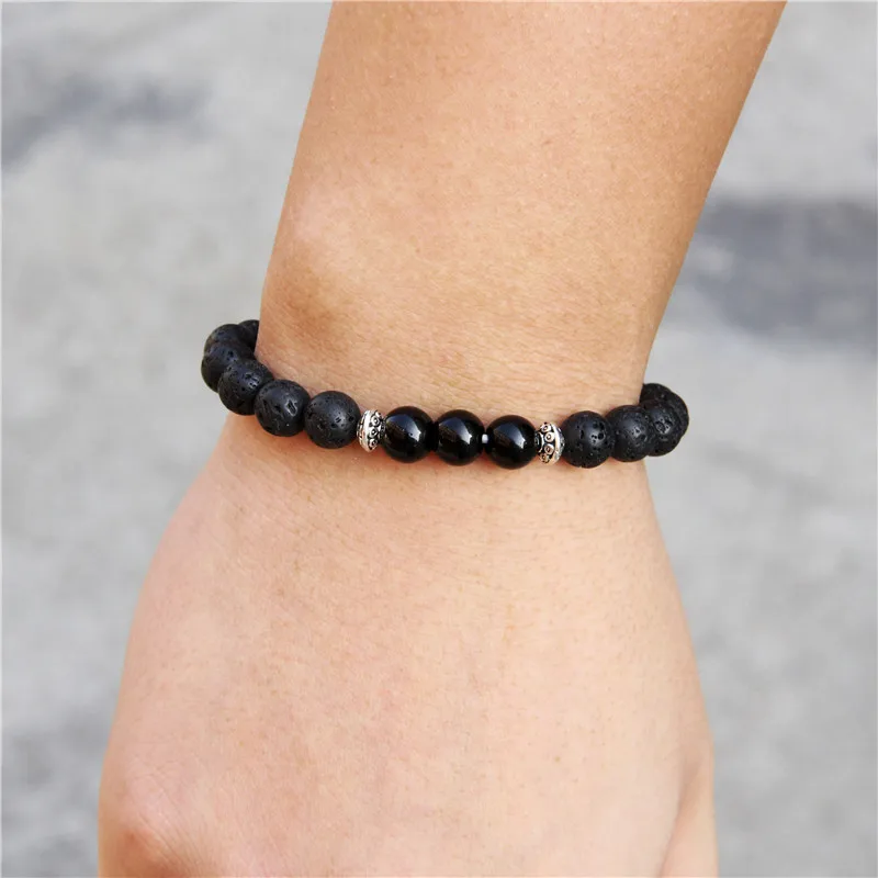 Мужской браслет натуральный черный камень лавы круглый 8 мм розовый кристалл