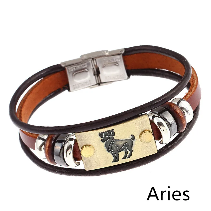 Браслет из натуральной кожи в стиле панк с 12 созвездиями символом зодиака