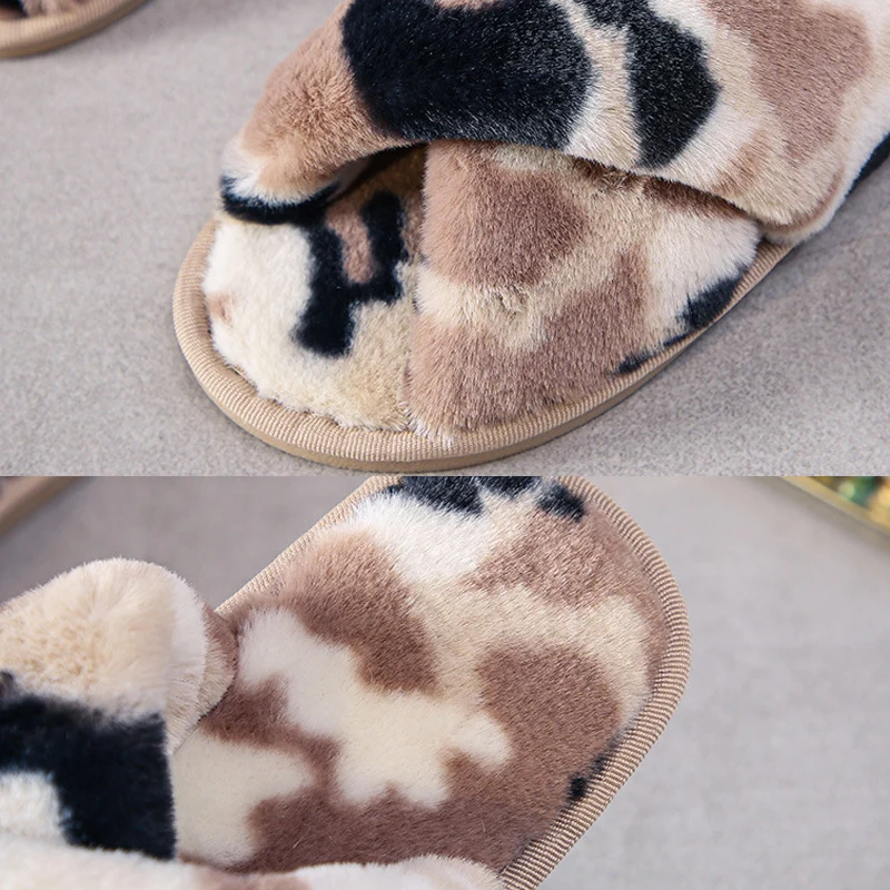 

Cross Women Winter Fur Slippers Fashion Camouflage Open Toe Fluffy Slides Shoes Casual Breathable Slippers for Women Size 36-41