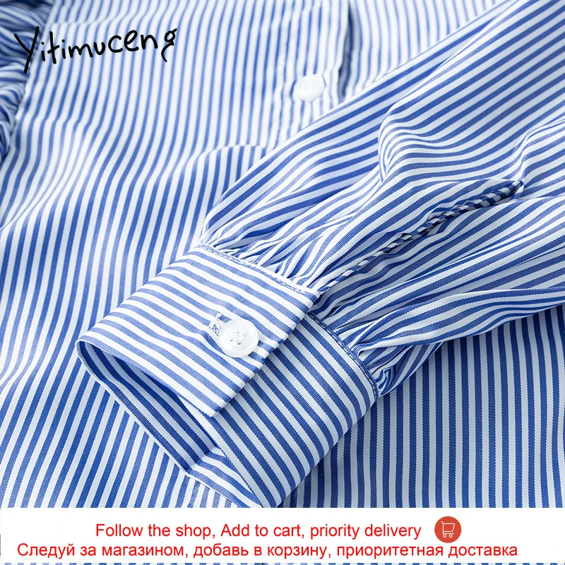

Yitimuceng Striped Blouse Women Vintage Ruffles Button Up Shirts Turn-down Collar Straight 2021 Spring Summer Fashion New Tops
