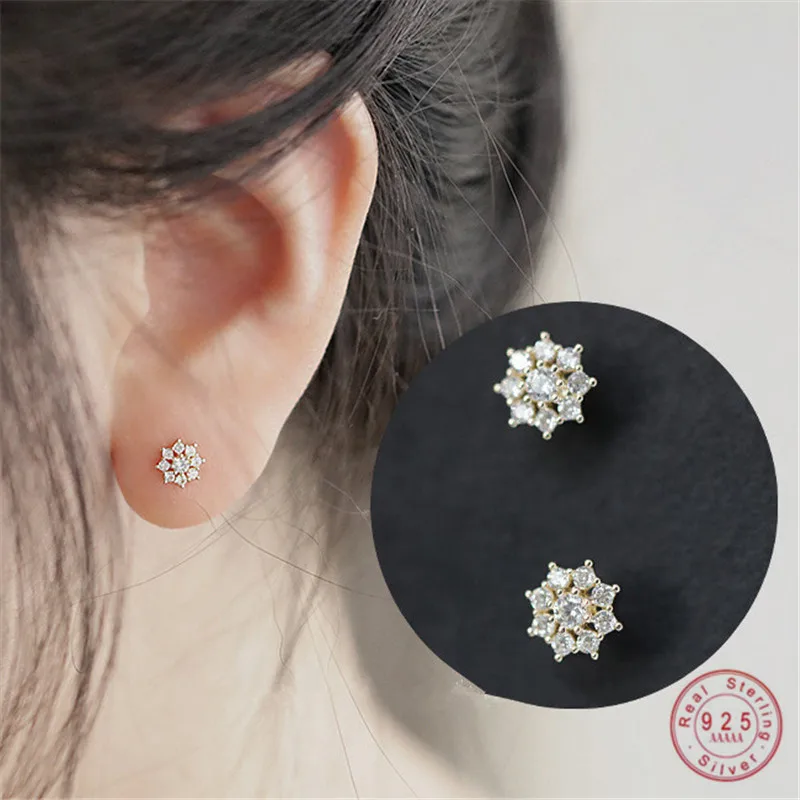 

925 Sterling Silver Korean Simple PavÃ© Crystal Snowflake Stud Earrings Women Sweet and Romantic 14k Gold Jewelry Gift