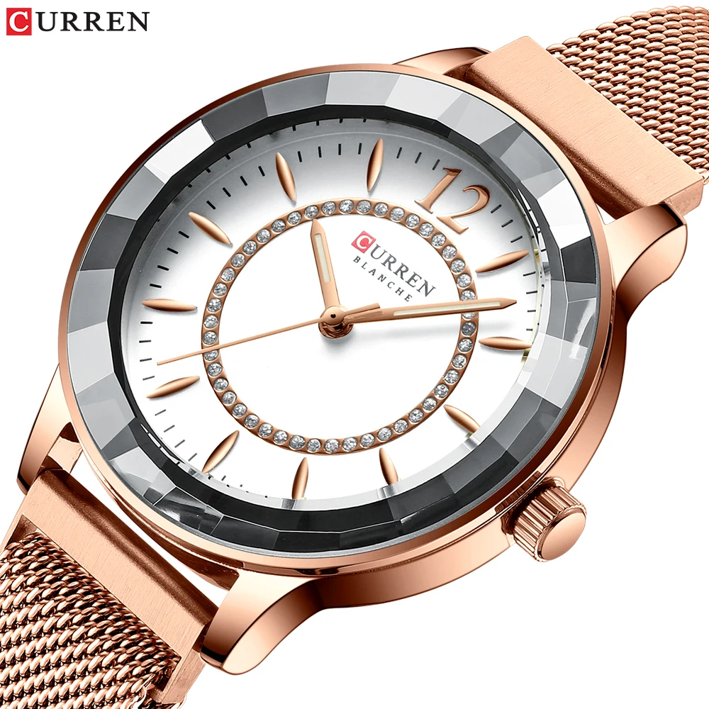 

CURREN Rose Golden Women Ins Quartz Watch Rhinestone Starry Luxury Mini Dial Female Slim Mesh Steel Strap Watches Feminino Mujer