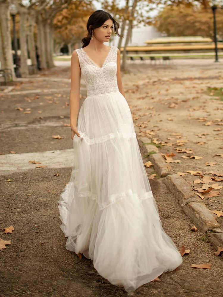Booma Bohemia ivory Wedding Dresses Lace 2020 Sleeveless Open Back Princess Gown V-Neck Beach Bridal Gowns Plus Size | Свадьбы и