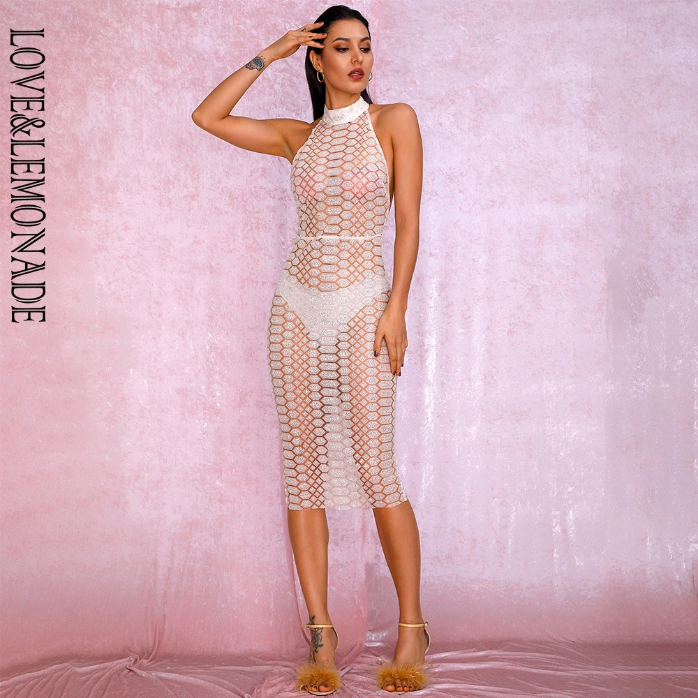 LOVE& LEMONADE A/W сексуальное Белое Платье До Колена с открытой спиной и сеткой с наклеенными блестками LM82019