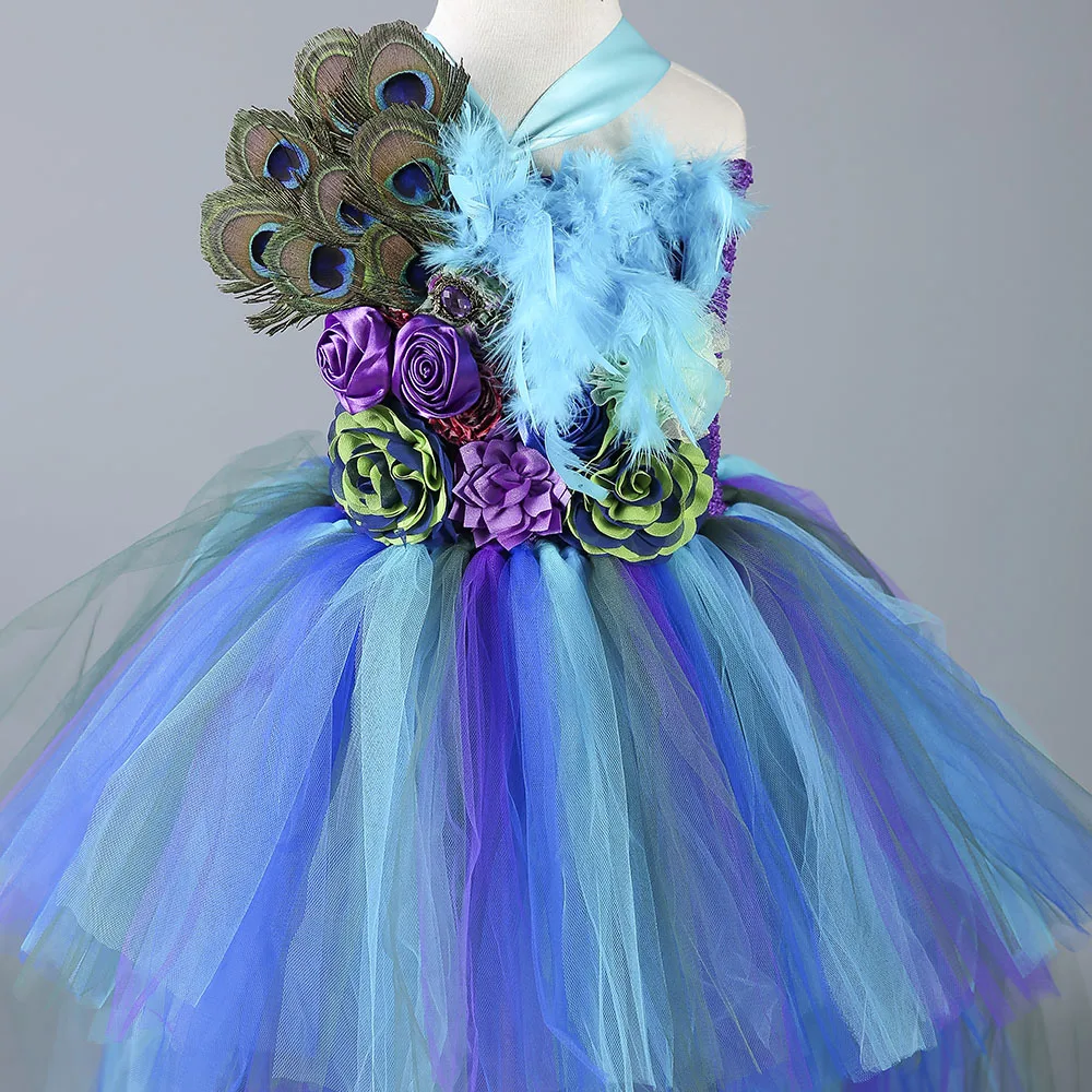 Elegant Princess Peacock Feather Dress for Girls Tutu Dress Long Tail Girls Party Dress Kids Flower Christmas Dress Girl Clothes
