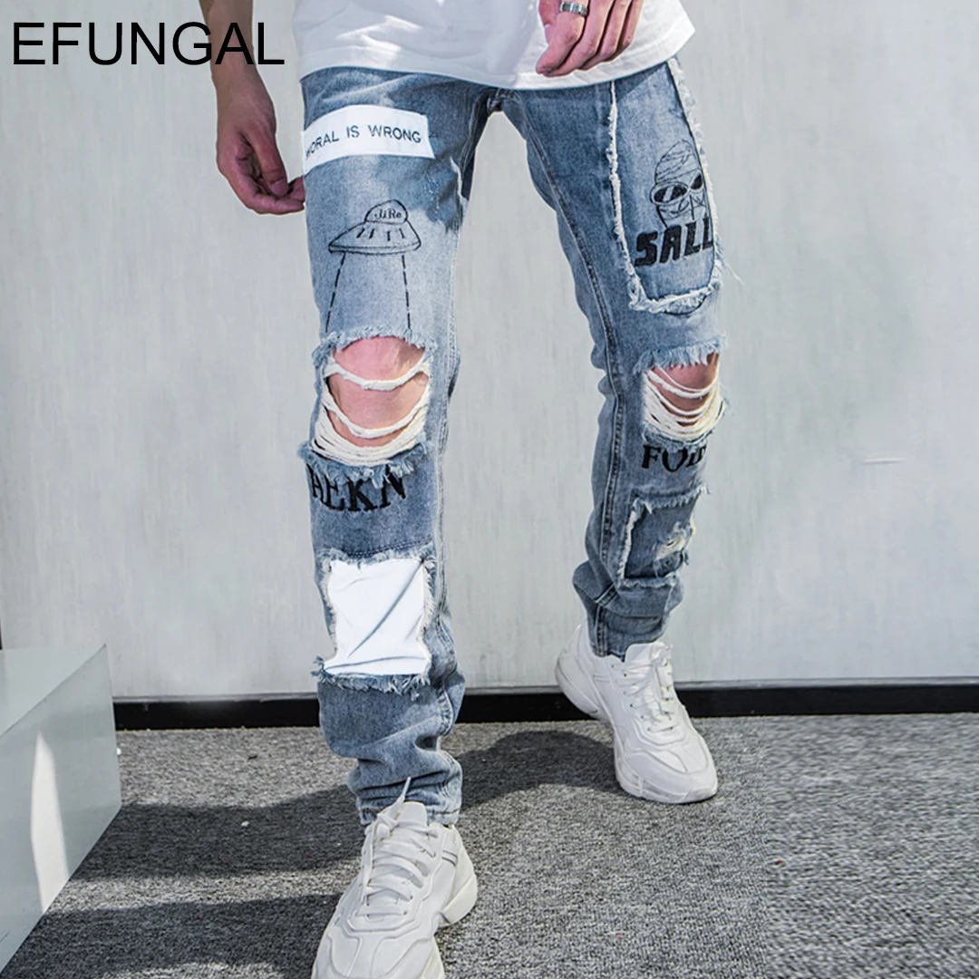 

EFUNGAL Men Jeans Ripped Skinny Streetwear 3M Reflective Patch Design Creative Graffiti Print Hip Hop Pants Denim Blue Trousers