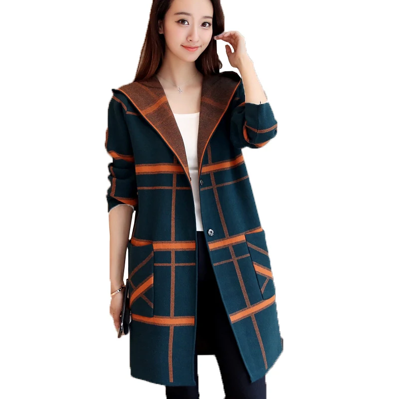 2020 осенний длинный свитер пальто женский рукав с капюшоном клетчатый тонкий