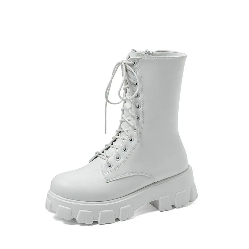 

2021 New Mid Calf Boots Women Autumn Winter Fashion Lace-up Zipper Botas Mujer Boots Sports Platform Heel Ladies Shoes