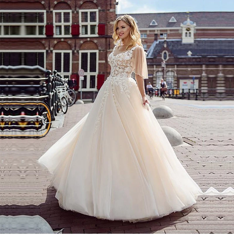 

Short Sleeve Lace Wedding Dresses Allpiqued Bridal Gowns 2020 Boho Bride Dress White vestido de noiva Plus Size Floor Length