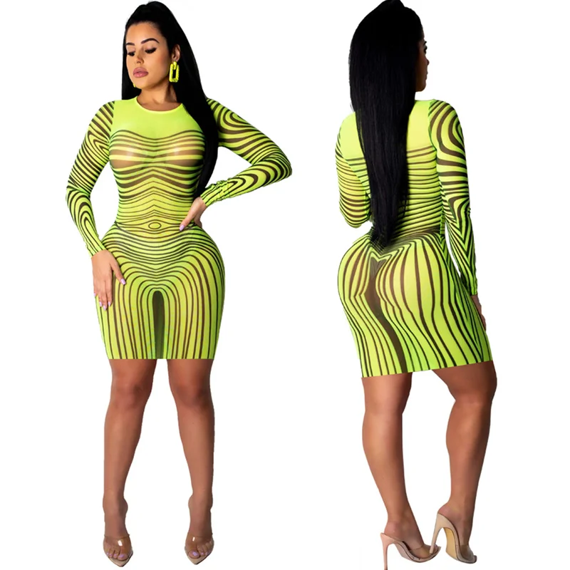 

С длинным рукавом в зеленую полоску для пикантные сетчатые платья с точки зрения облегающее Бандажное Платье женское Прозрачное нижнее бел...