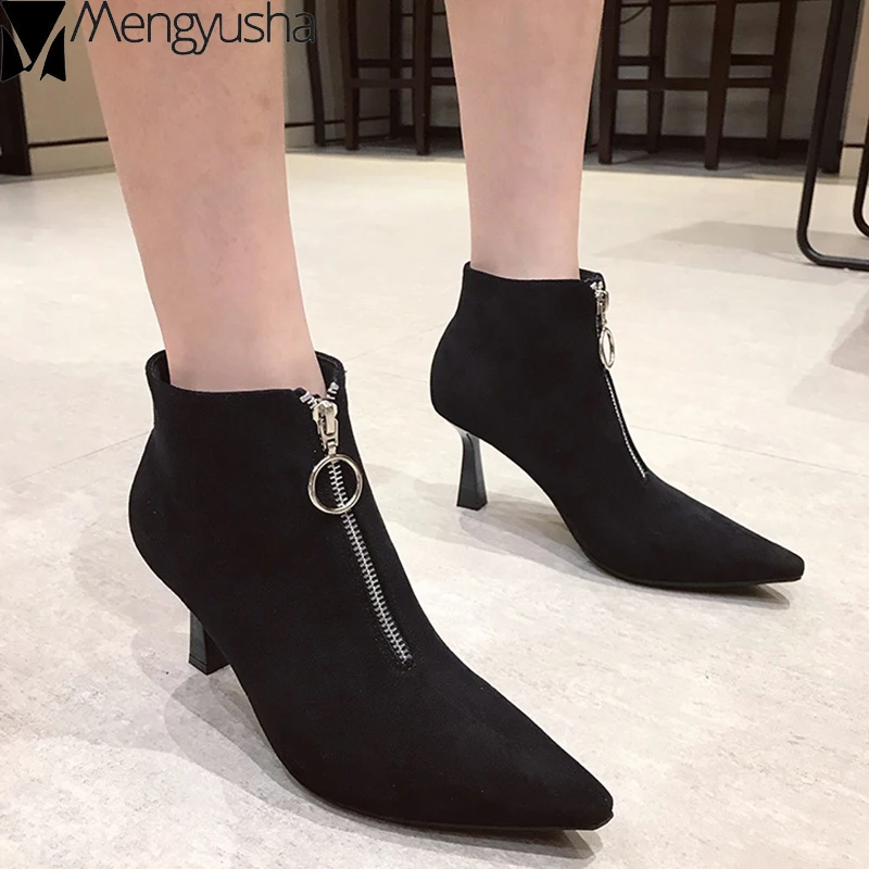 Короткие ботинки с острым носком на молнии спереди Модные Челси из флока тонком