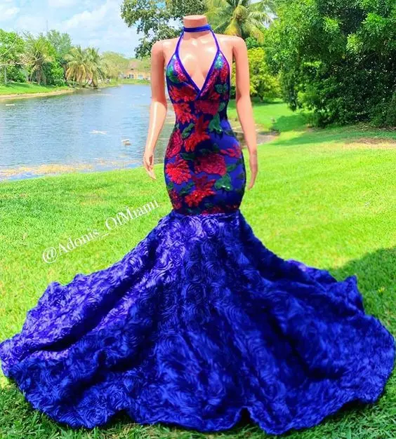 

Royal Blue Mermaid Prom Formal Dresses 3D Floral Sexy V-neck Court Train Lace Applique Evening Occasion Gowns