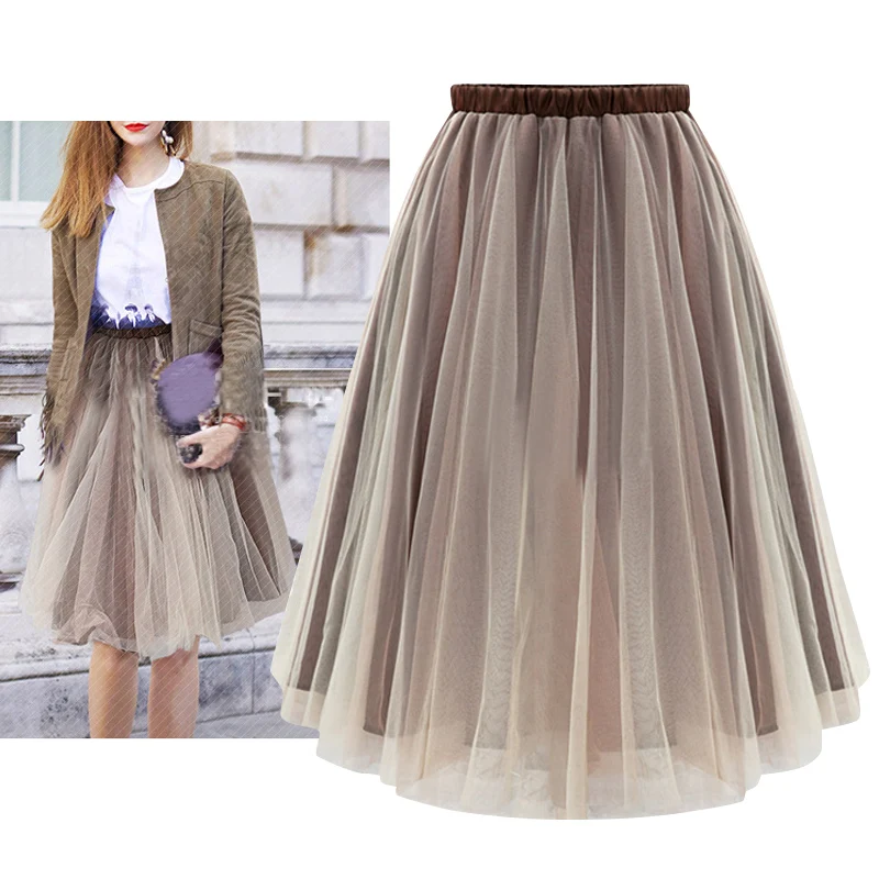 

Skirts Womens Fashion Elegant Casual High Waist Elastic Layered Tulle A-line Skirts Summer Skirts faldas J55