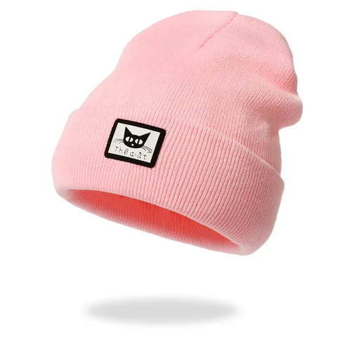 Осенне-зимняя новая модная трендовая вязаная шапка для женщин Розовая однотонная облегающая шапка с милым котом и манжетами Женская лыжная шапка для девочек