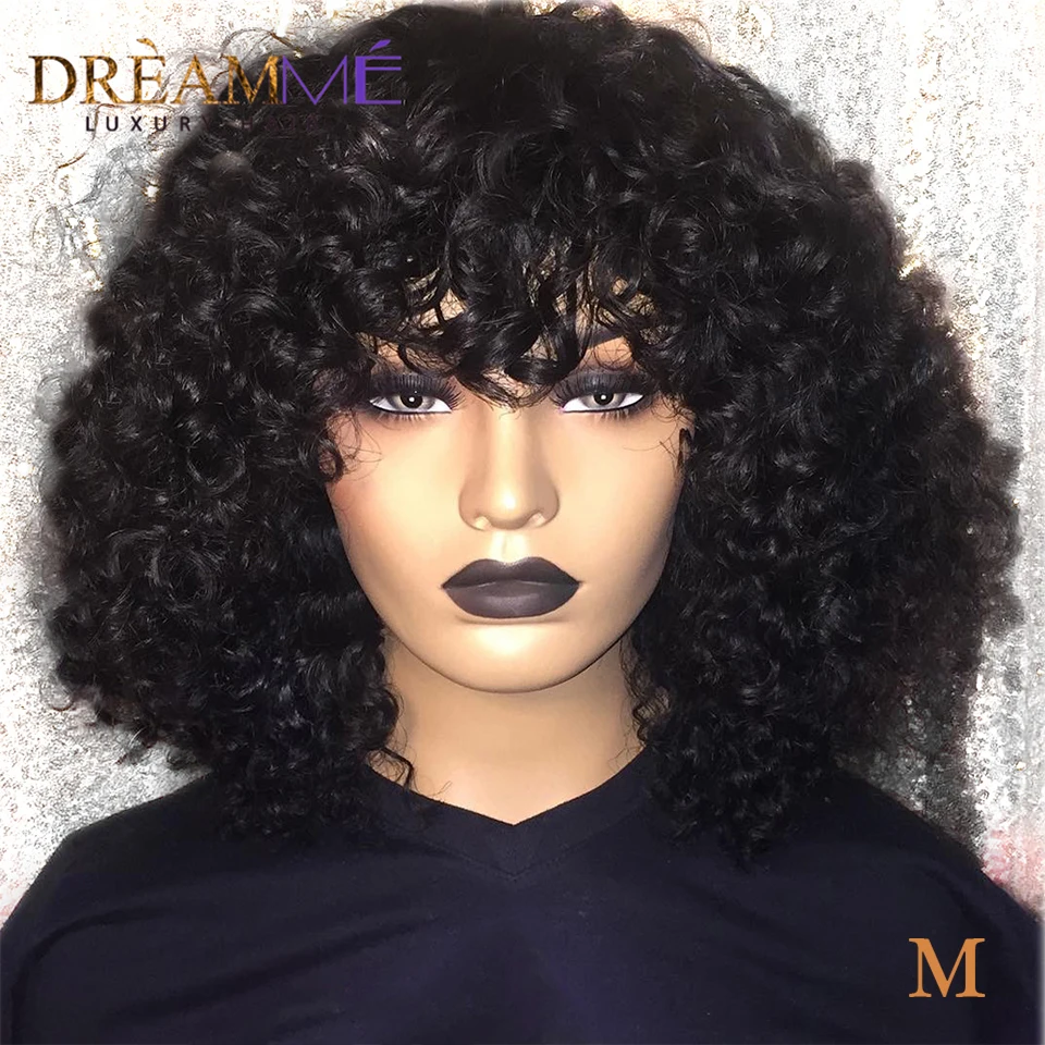 

Curly Short Pixie Cut Bob Human Hair Wig With Bangs Non Lace Front Wigs For Black Women Remy PrePlucked With Baby Hair Brazilian