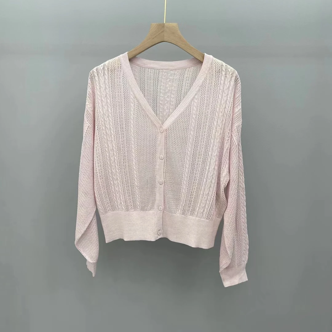 

High Quality Women Summer Vintage Hollow Linen With Sunscreen Thin Knitted Cardigan Sweater Jacket