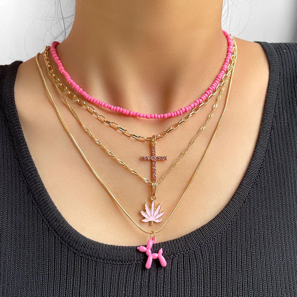 

Multi Layered Pink Enamel Balloon Dog Seed Beaded Necklace For Women Girls Acrylic Beads Crystal Cross Necklaces Collar Jewelry