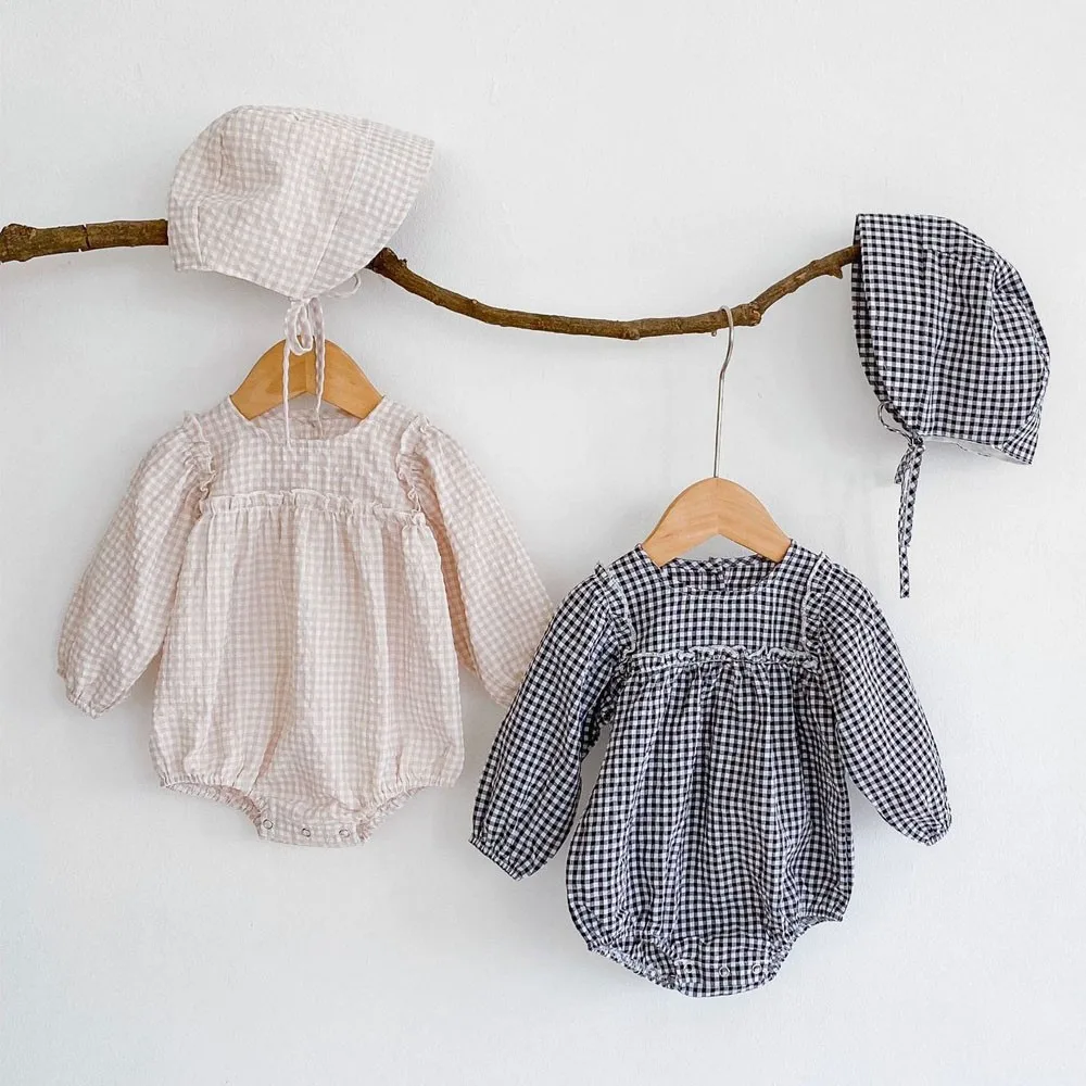 

2022 Autumn New Baby Girl Plaid Bodysuit With Hat Infant Kids Long Sleeve Cotton Clothes Sweet Toddler Girl Jumpsuit Outfits