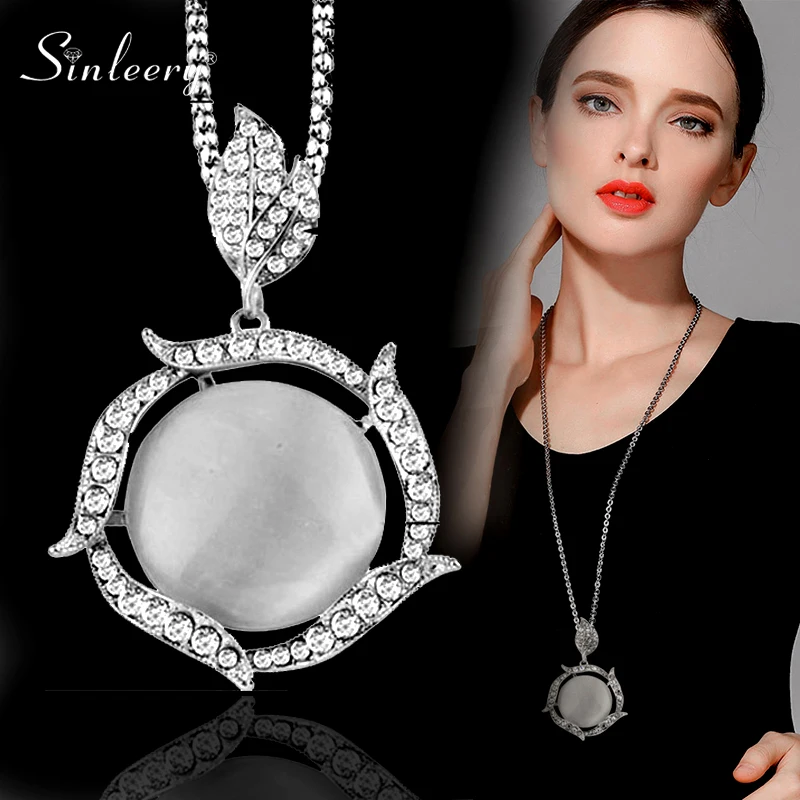 

SINLEERY Vintage Jewelry Big Round Opal Flower Pendant Long Necklace For Women All match Swater Chain MY437 SSF