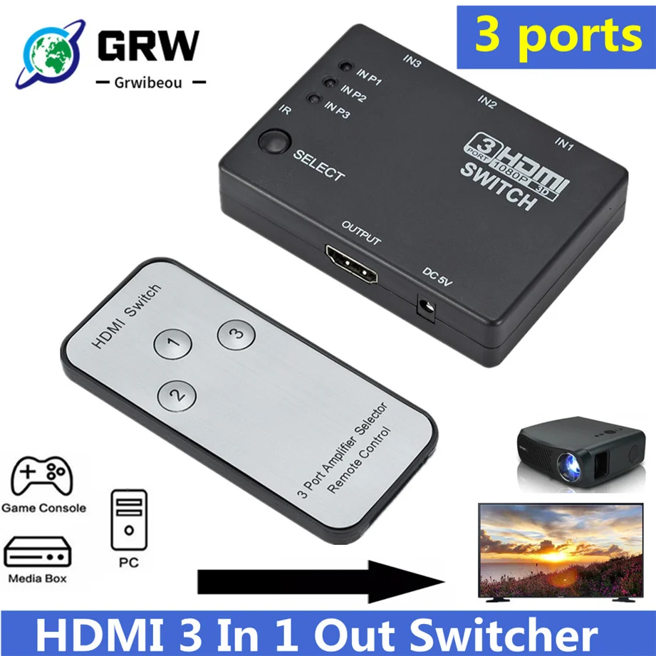 Сплиттер Grwibeou HDMI 3 в 1 порта автоматический переключатель 3x1 1080p HD 4 с пультом