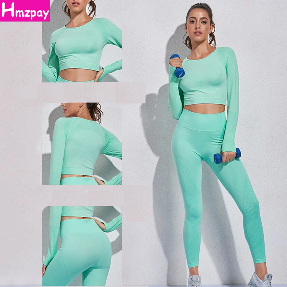 

Seamless Women Yoga Suit Set 2-Piece Sports Long-Sleeved Top High-Waist Leggings Push-Ups Breathable Running Fitness Set