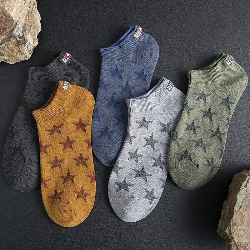 

Носки-лодочки Q мужские с вышивкой, дышащие впитывающие пот хлопковые, с открытым носком, с принтом звезд, лето-весна