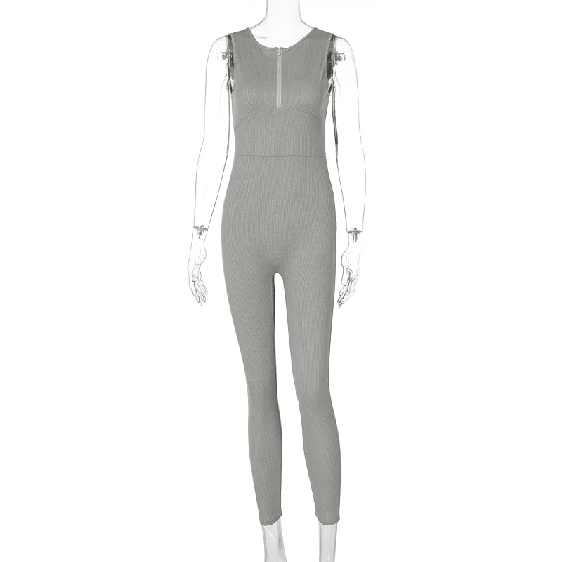 

Sibybo Sexy Summer Women Backless Jumpsuit Rib Knitted Sleeveless Skinny Jumpsuit Femme Sportswear Fitness Rompers Overalls 2021