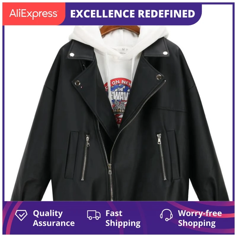 

Женская кожаная куртка оверсайз, куртка бойфренда в Корейском стиле, верхняя одежда из искусственной кожи, черная велосипедная куртка, Осен...