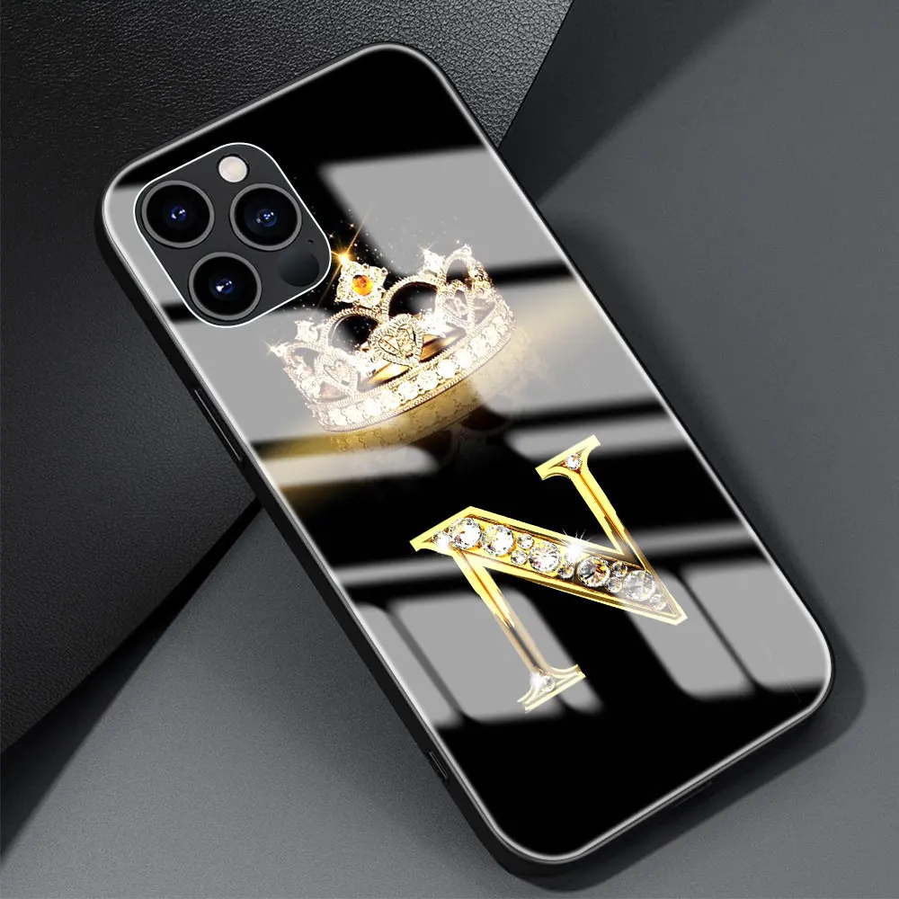 Phone Case for iPhone 11 12 Pro 7 8 XR X 6 6S Plus 5 XS Max SE Tempered Glass Coque Back Cover Diamond Crown Letter 13