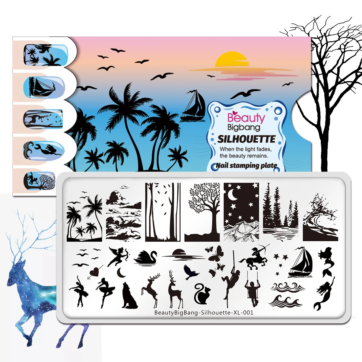 

Beautybigbang Stamping Plates New Style Animal Tree Scenery Image Stainless Steel Stencil Nail Art Template Silhouette XL-001