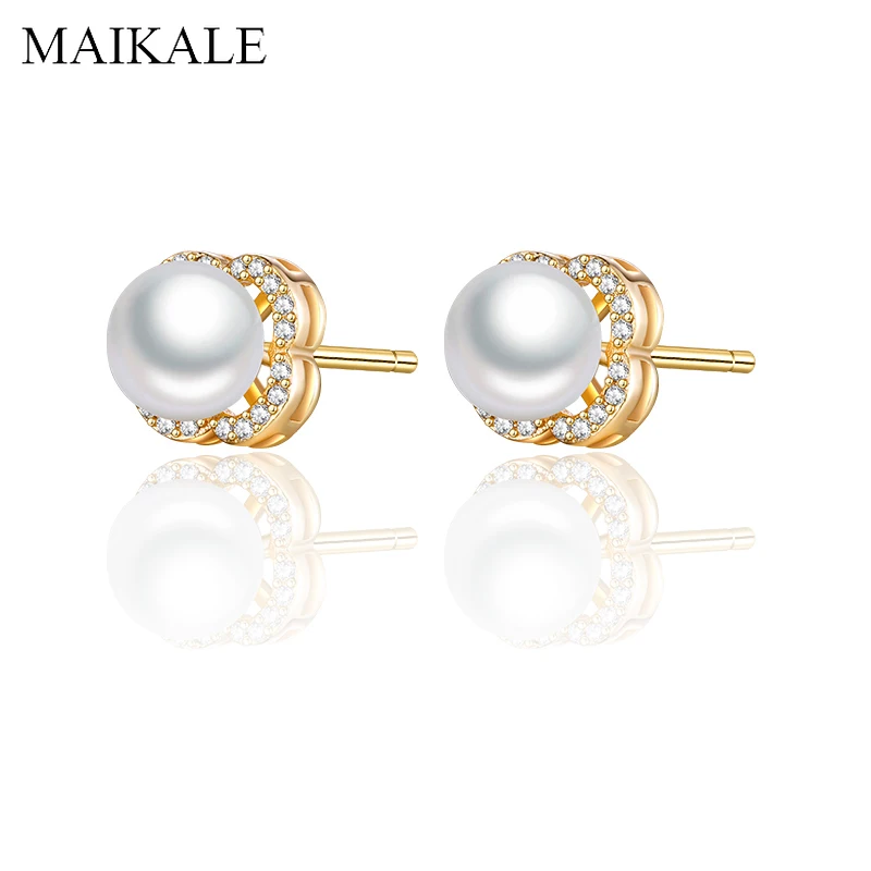 

MAIKALE Romantic Jewelry Pearl Stud Earrings for Women Cubic Zirconia Flower Shape Gold Small Ear Studs Charm Accessories