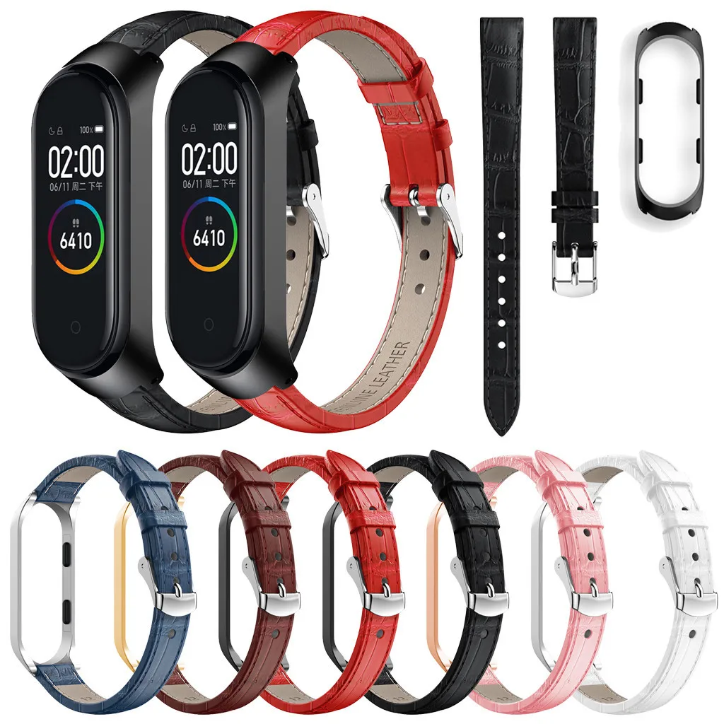 Сменный кожаный браслет ремешок + металлический корпус для Xiaomi Mi Band 4 спортивные