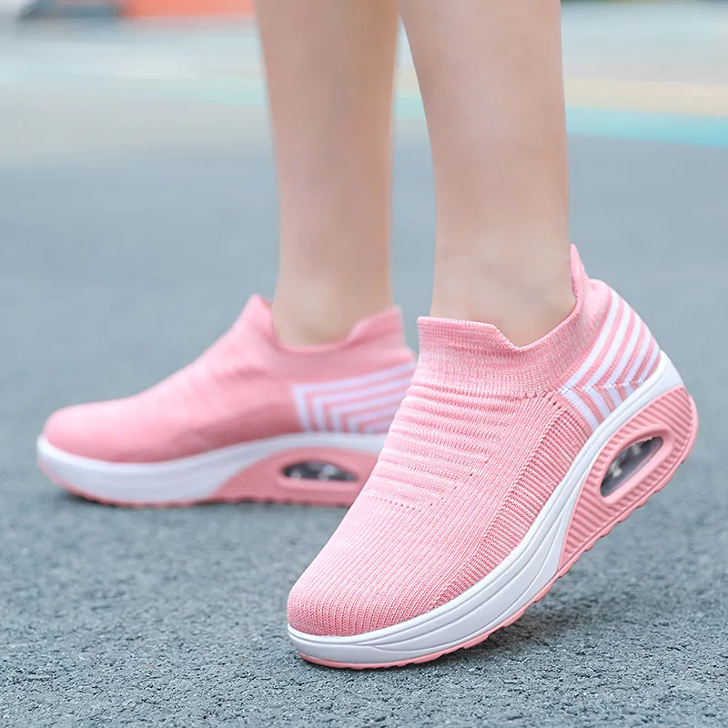 

Women Sports Shoes Women Casual Shoes Air Cushion Net Breathable Solid Color Round Shape Non Slip Increase Light Flatshoes