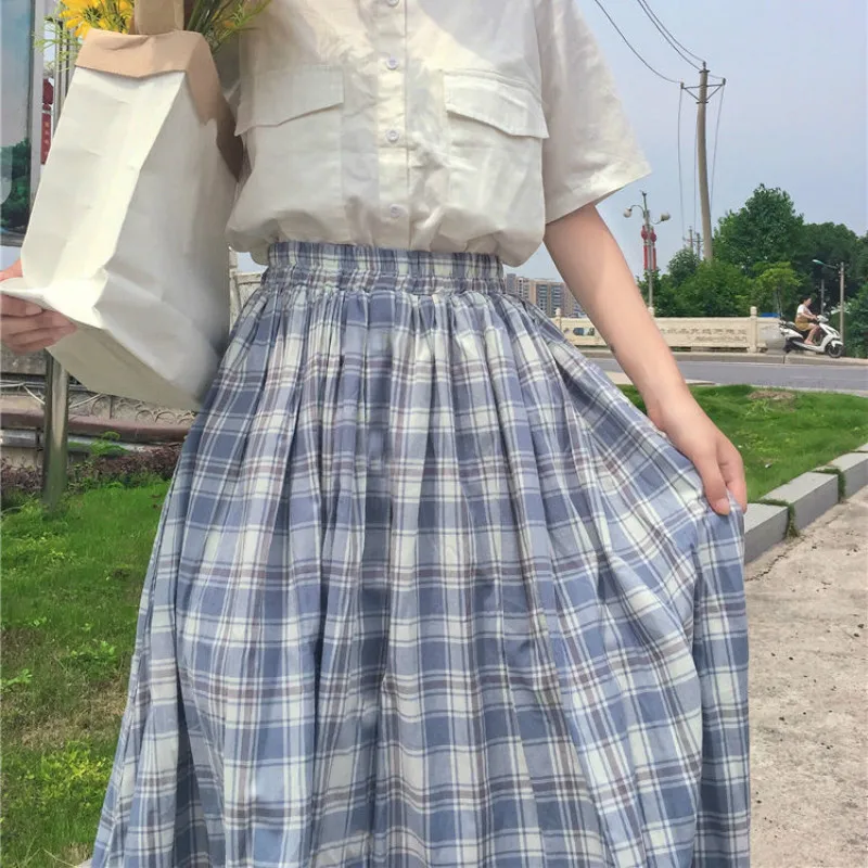 

Skirts Women Lovely Tender Blue All-match Summer Stylish Plaid Leisure Preppy Girls Ulzzang Popular Design Kawaii Elastic Waist