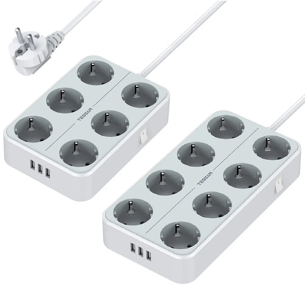

TESSAN Socket Extension Cable 2M/6.5ft European Power Strip with 3 USB Phone Ports 6/8 Outlets and On/Off Switch for Protection