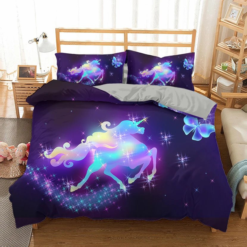 

oentyo Children Bedding Sets Gifts Magic Unicorn And Colorful Horse Printing Duvet Cover Sets For Kids Girls Boys 2/3pcs