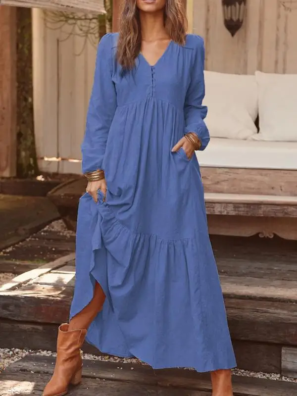 

Button cotton hemp retro casual Long Sleeve Dress