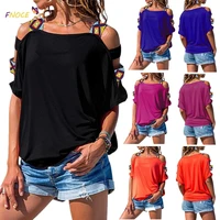 haoohu 7 color 2021 hot sale womens clothing solid color hollow out short sleeve off shoulder t shirt top oversized t shirt