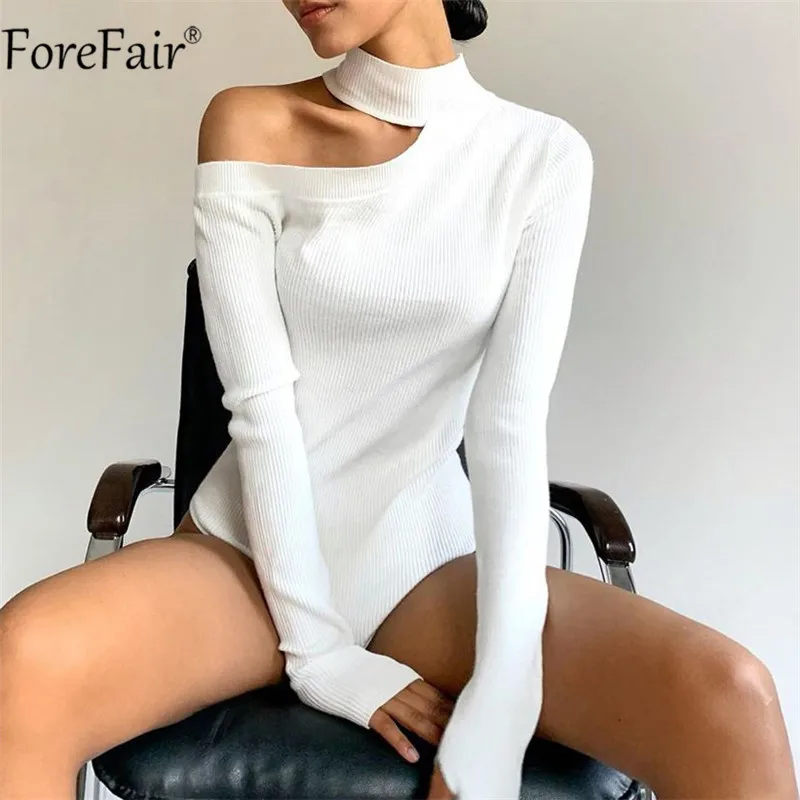 

Женское трикотажное боди Forefair, однотонное белое боди с длинным рукавом, с открытыми плечами, осенний, Повседневный, обтягивающий, 2020