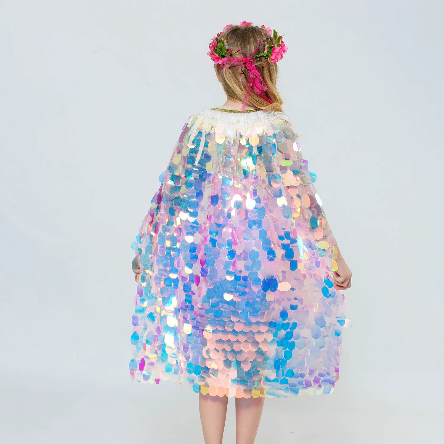 Sequins Princess Girls Cape Cloak for Beach Party Costume Children Rainbow Shawl Cosplay Christmas Kids Girl Wrap | Детская одежда и