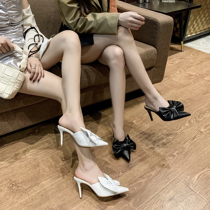 2020 Summer New All-match Bow Thin Heeled Sexy Fashion Outer Wear Baotou High Heel Slippers Pointed Toe
